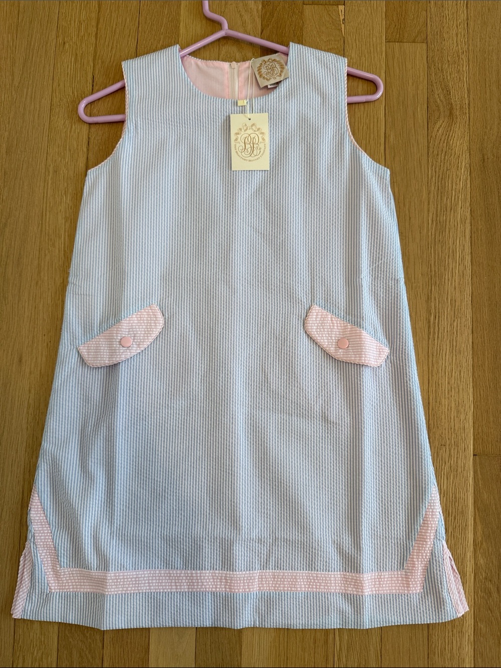 The Beaufort Bonnet Company Blue Seersucker Shift Dress with Pink Trim